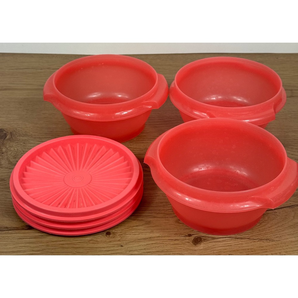 Tupperware Cereal Bowl Set 3pc Pink Watermelon Sunburst Lids 1323-22 Vintage